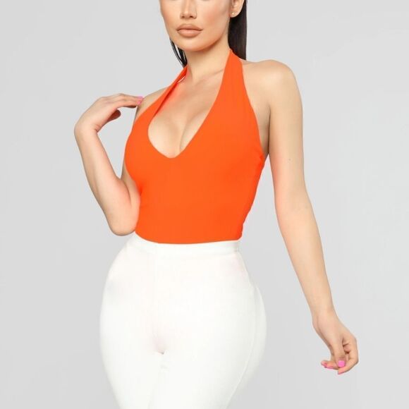 Fashion Nova Neon Orange Halter V-neck Bodysuit - Picture 2 of 8